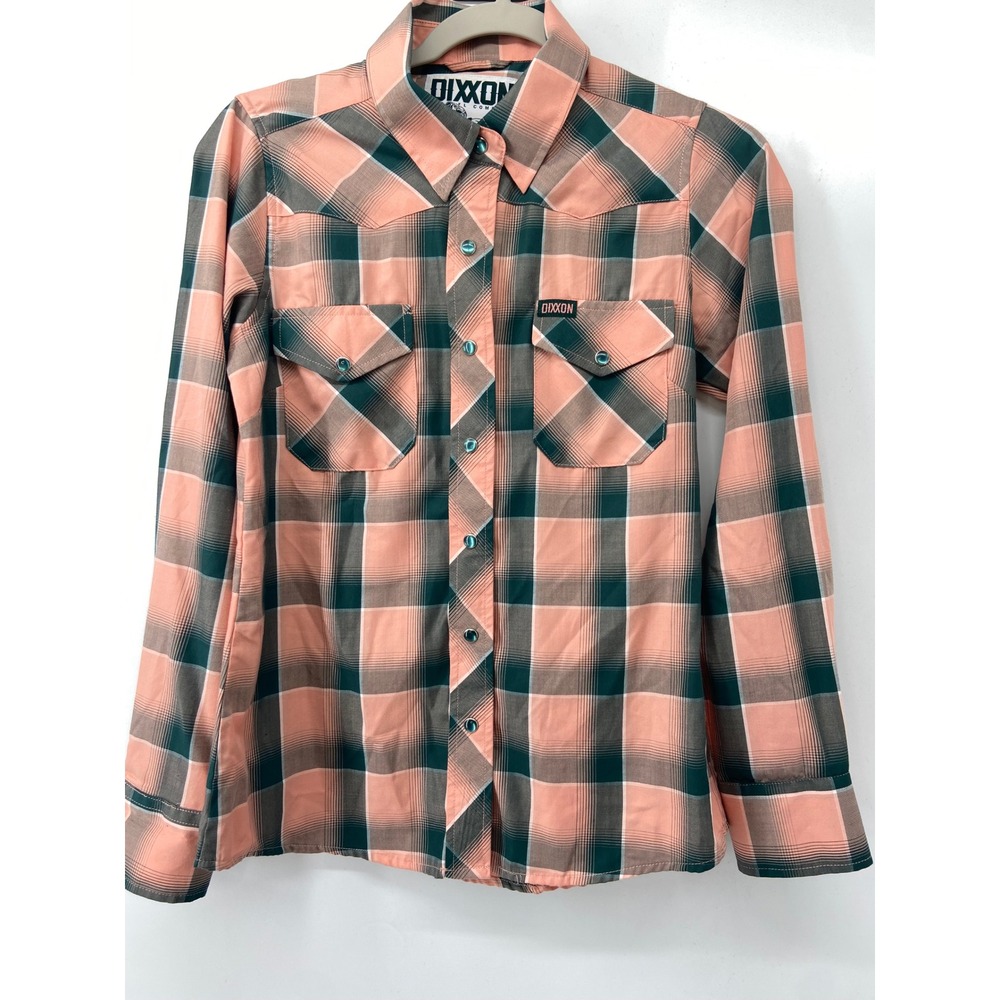 Dixxon Shirt Women Small Peach Pleasanton Western Pearl Snap Plaid Bamboo Casual